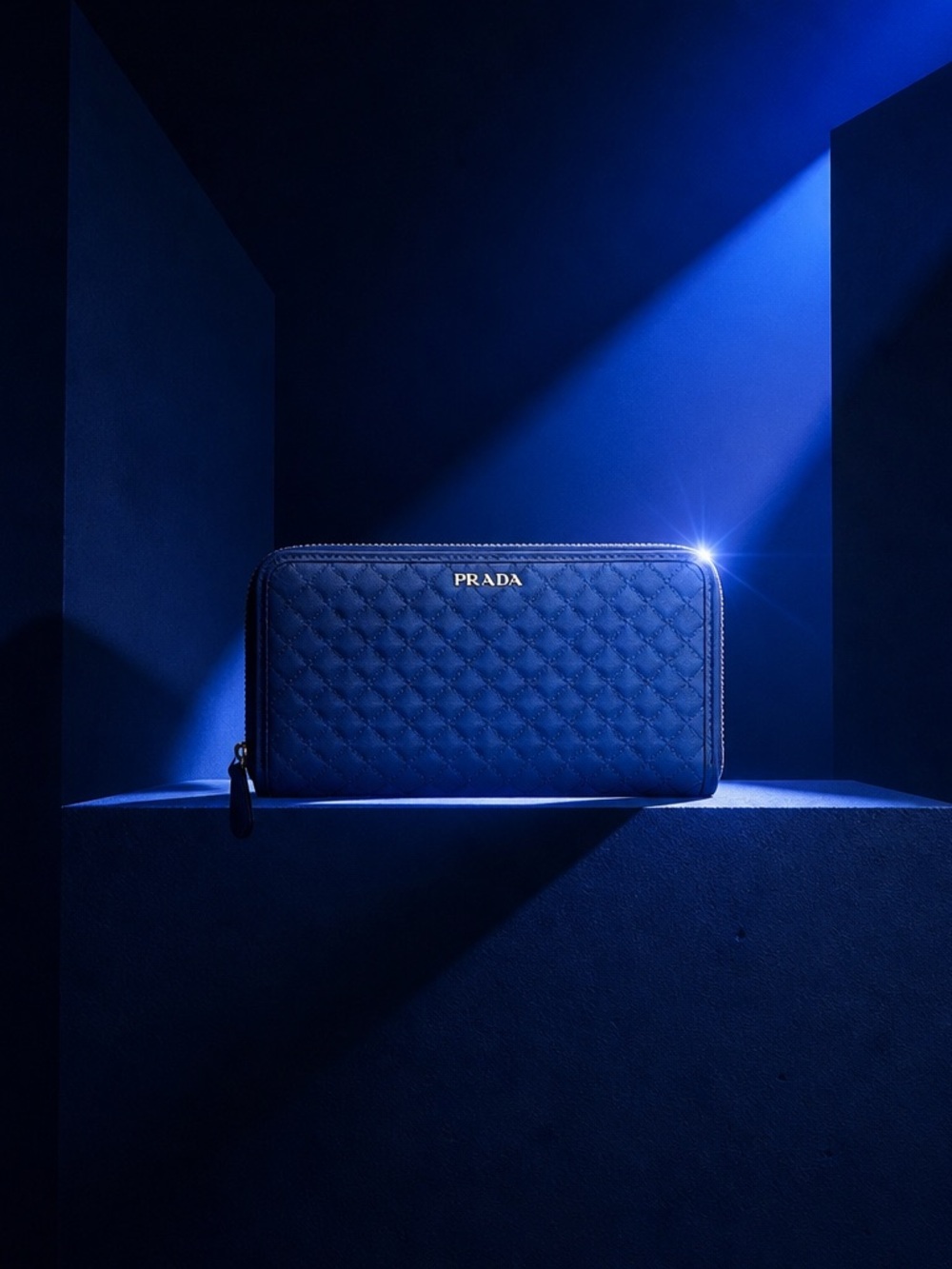 Prada Quilted Zip Wallet in Navy with Gold Logo